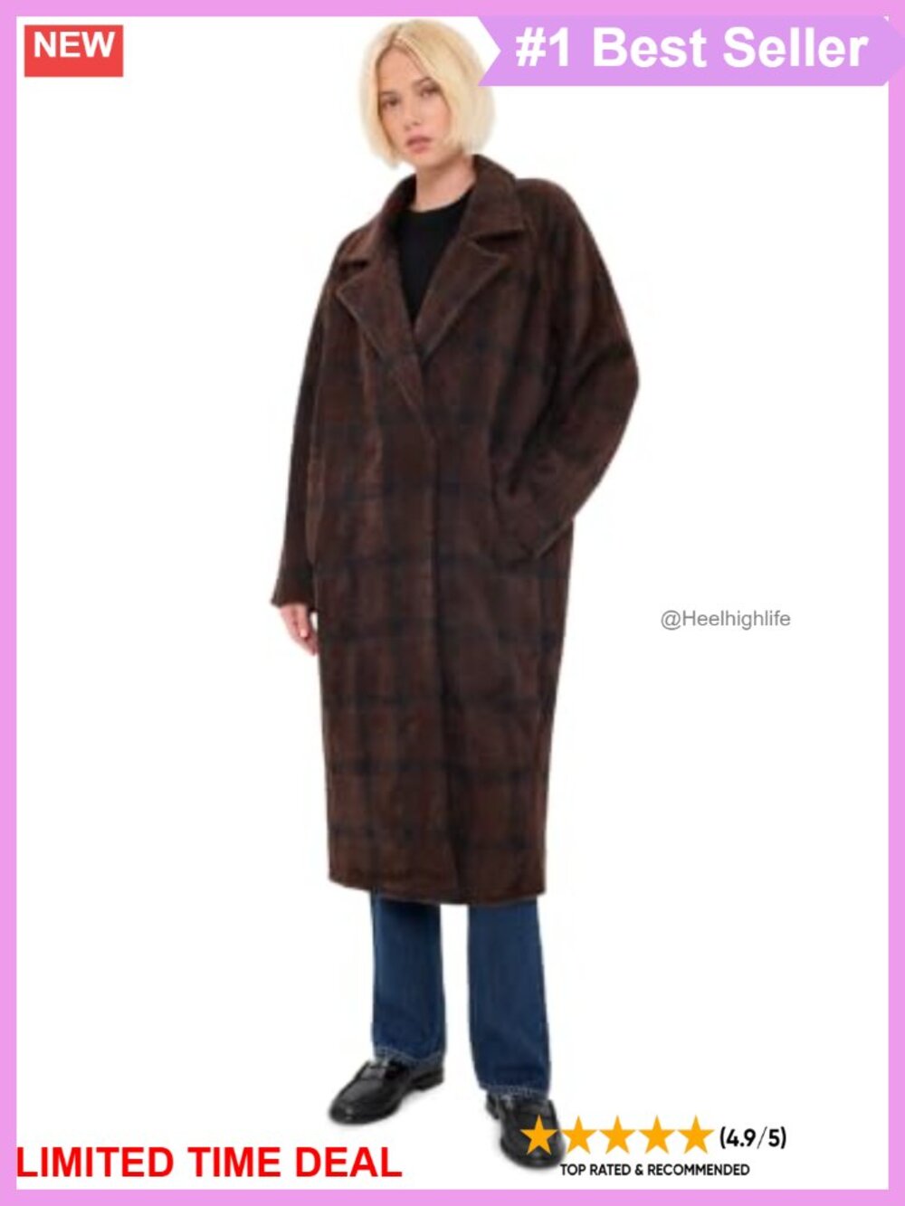 Plaid Cocoon Coat Double-Breasted Notched Lapel Fuzzy Knit